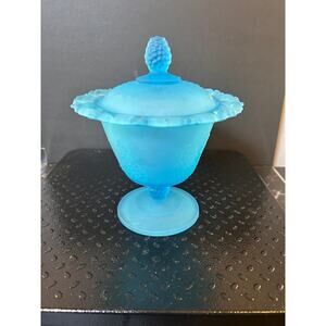 vintage Indiana Glass blue satin pedestal candy dish
